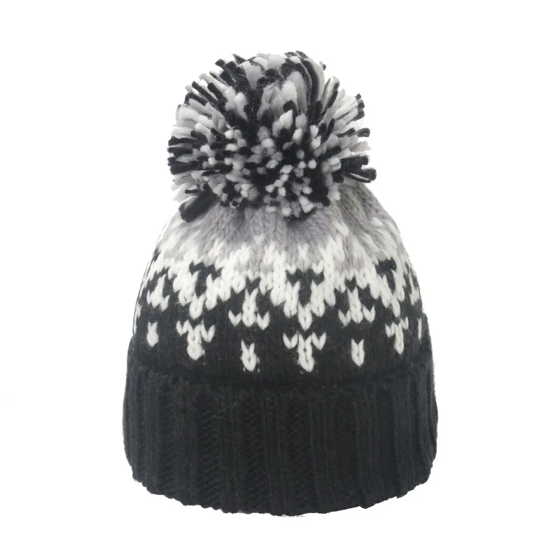 New Custom Knitted Thick Rope Winter Beanies Wholesale Jacquard Vintage Mohair Pom Pom Warm Hat For Unisex