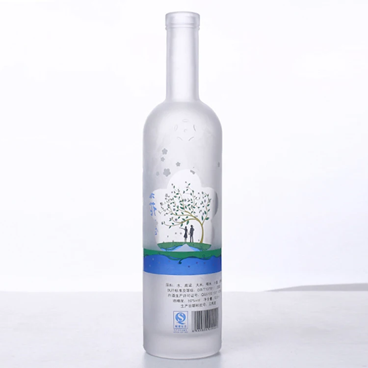 Round Custom Made 750ML White Frosted Printing Organic Glass Vodka Bottles