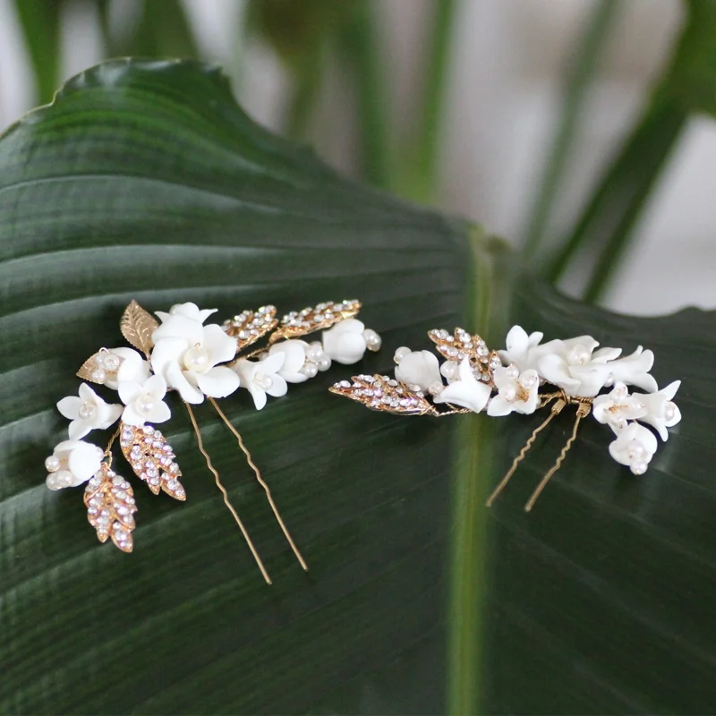 Wholesale Fashion Jewelry Set Ceramic Flower Wedding Headpiece Hair Clip Accessories Bridal Hair Pins For Women