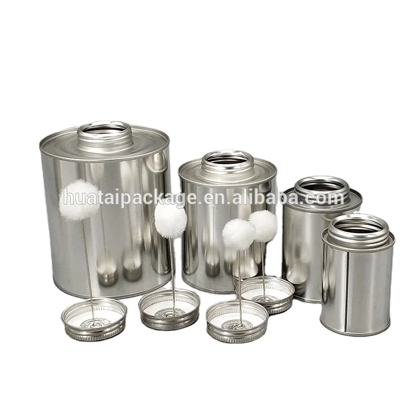 screw top empty metal tin cans with bristle brush for pvc adhesive glue packaging, monotop can with applicator