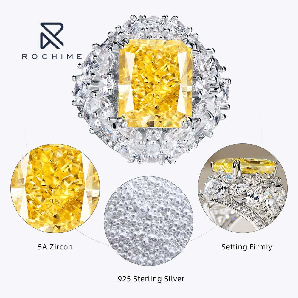 Rochime luxury  yellow gemstone cz diamond rings 925 sterling silver gold plated 5a zircon high quality fine jewelry trendy ring