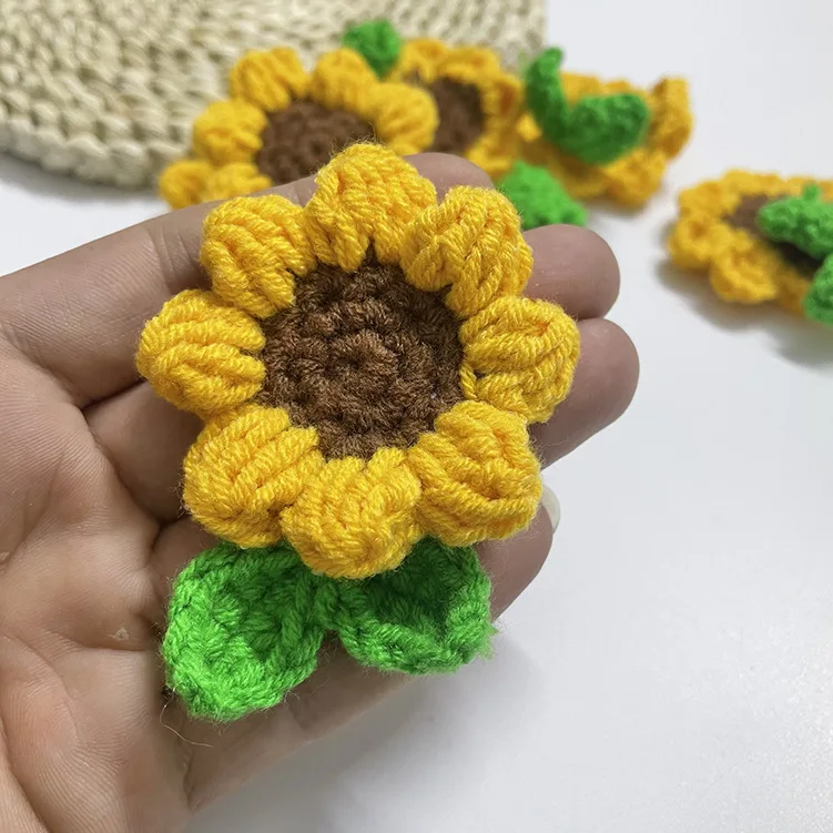 Hand-knitted Hair Flower Crochet Flower For DIY Kids Girl Hair Clip Headwear Crafts Patches Sunflower With Knitted Leaves