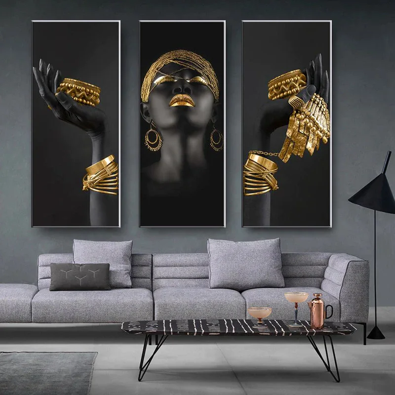 Artist Home Decoration Canvas set Modern Black Women Gold Foil Hd 3 Panel Painting