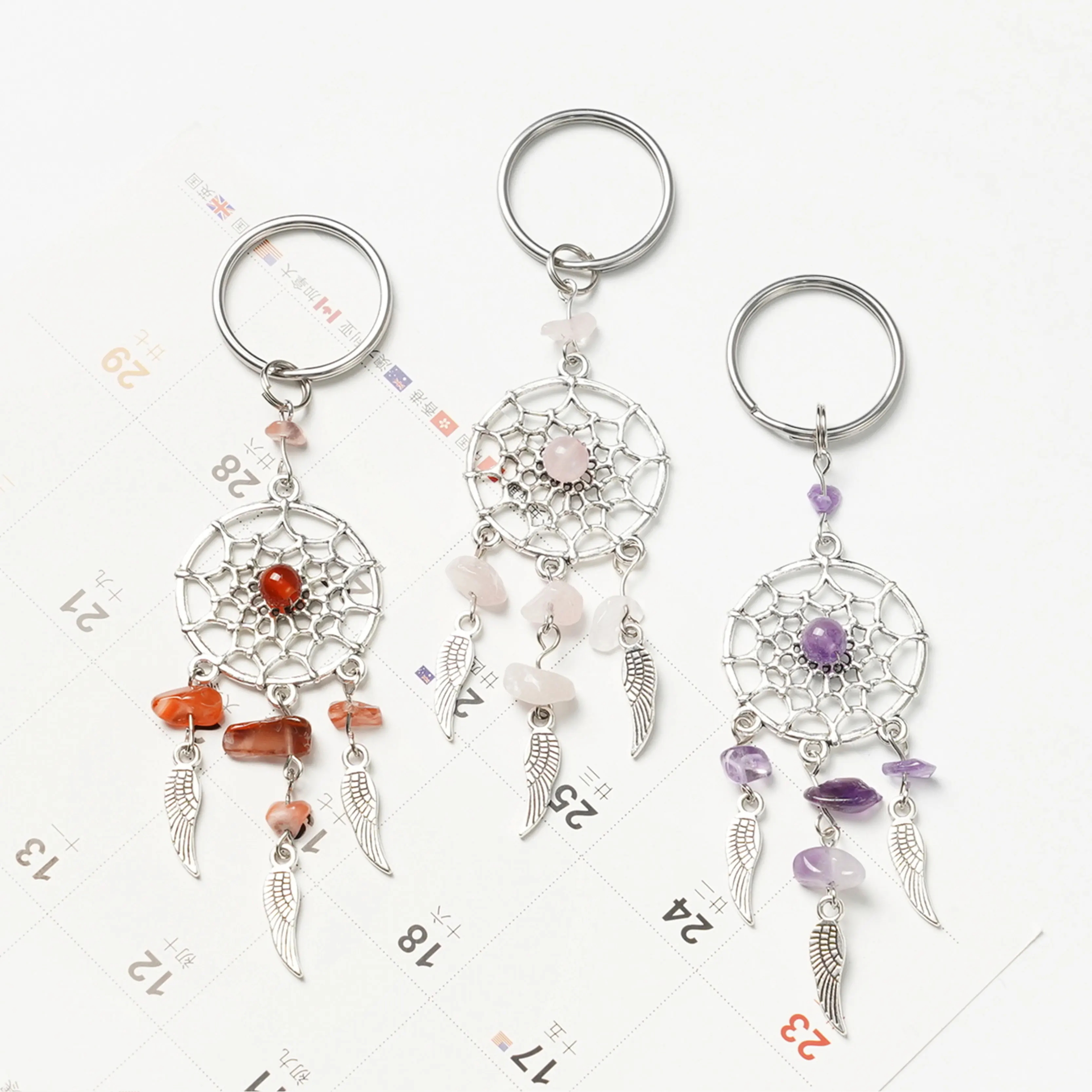 Promotional Hot Selling Natural healing Stone Dream Catch Alloy Dreamcatcher Crystal Keychains