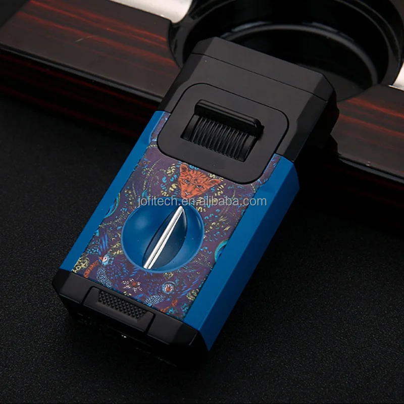 Luxury 3 in 1 Double Jet Flame Custom logo Lighter Cigar Wholesale Torch Butane Cigar Lighter and Cutter Cigar Holder