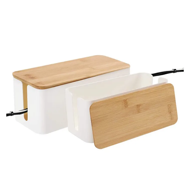 Home Cord Power Stripe Surge Protector Wire Cover Hider Plastic Large Storage Cable Management Box With Bamboo Lid For Desks