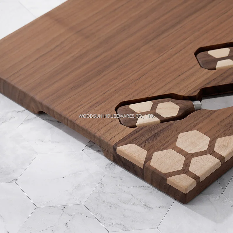 Woodsun Manufacturer 2024 Black Walnut Wooden Cheese Board and Knife Set for Sale Wood Charcuterie Serving Board