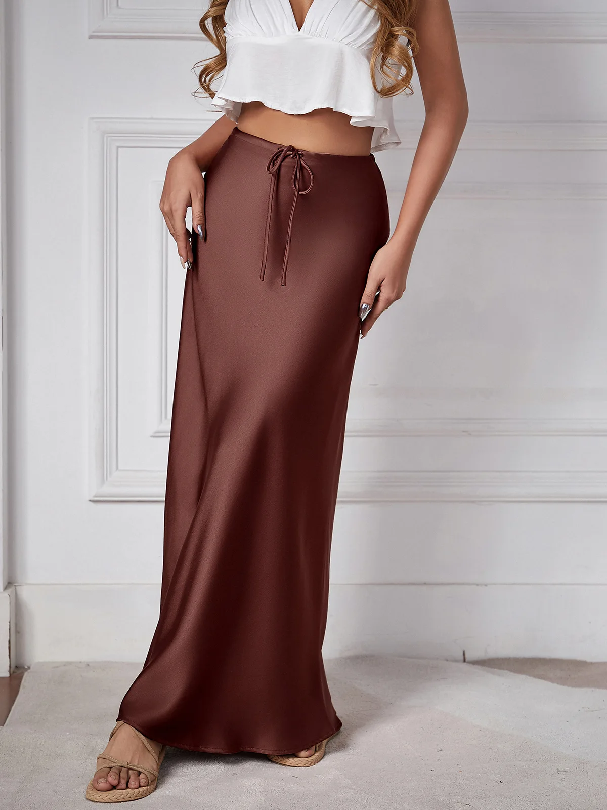 Womens Satin Silk Maxi Skirts Drawstring Flared Casual A-Line Long Skirt for Women