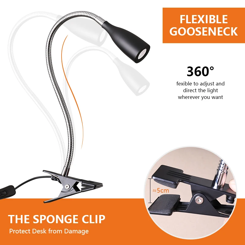 Eye-Caring LED Reading Light 360° Flexible Clip on headboard lamp 3W 3000k Desk Lamp with Clamp for Workbench