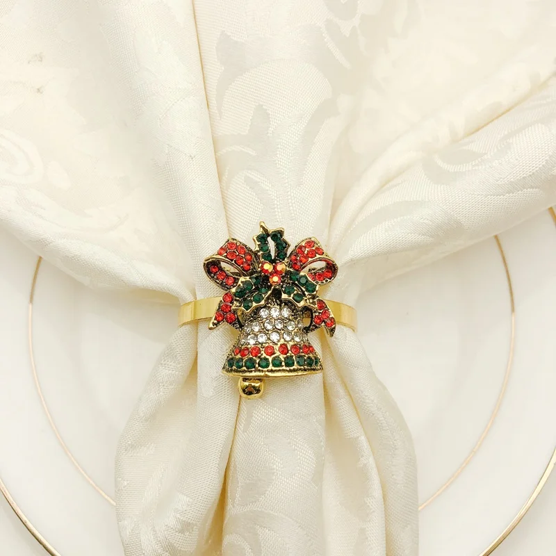 Christmas Jingle Bell Napkin Rings Gold Metal Napkin Ring Holder Rose Flower Napkin Buckle for Christmas HWC18