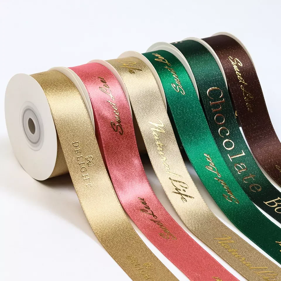 Satin Ribbon for Packing Custom Brand Logo 100% Polyester Double Face Solid Color RIBBONS Garment Accessories Sustainable Yard
