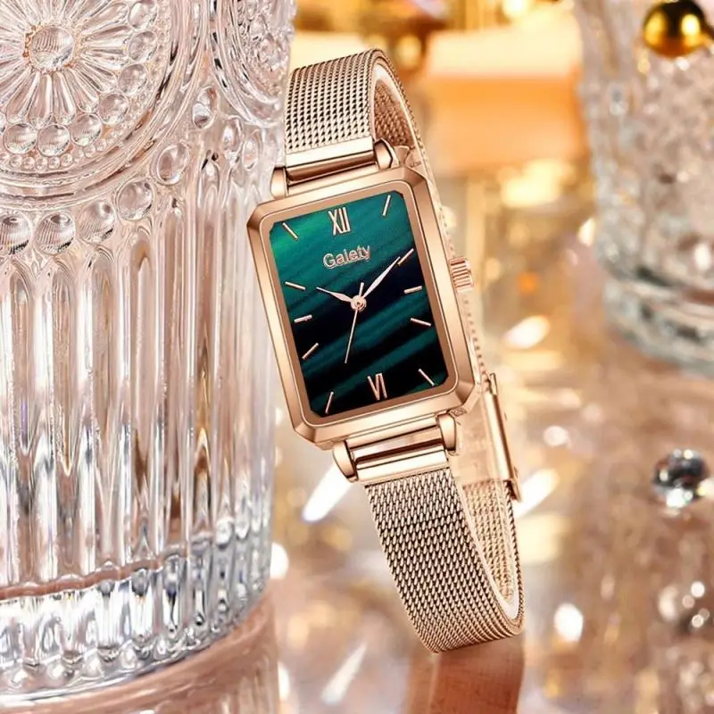Cheap Women Watches Fashion Square Ladies Quartz Watch Bracelet Set Green Dial Simple Rose Gold Mesh Luxury Lady Jewelry Watches