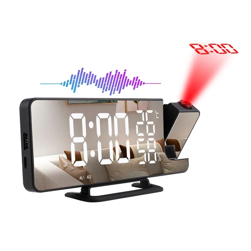 Hot Selling Digital Clock with Projection Fm Radio Tabletop Electronic Led Mirror Alarm Clocks Square Modern ABS Small Radio