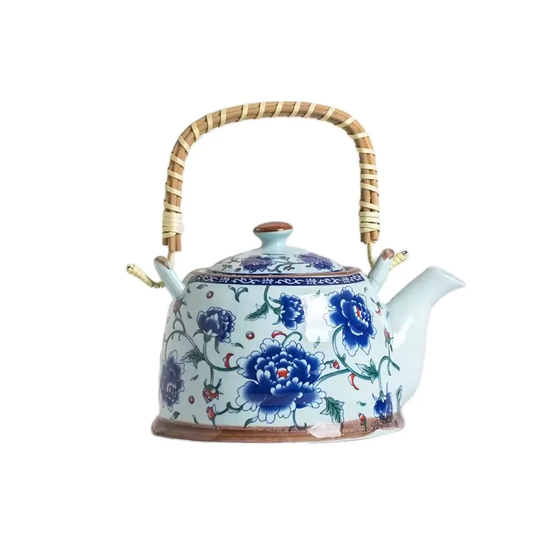 Antique Style Chinese Peony Ceramic Tea Kettle Teapot with Bamboo Loop Handle