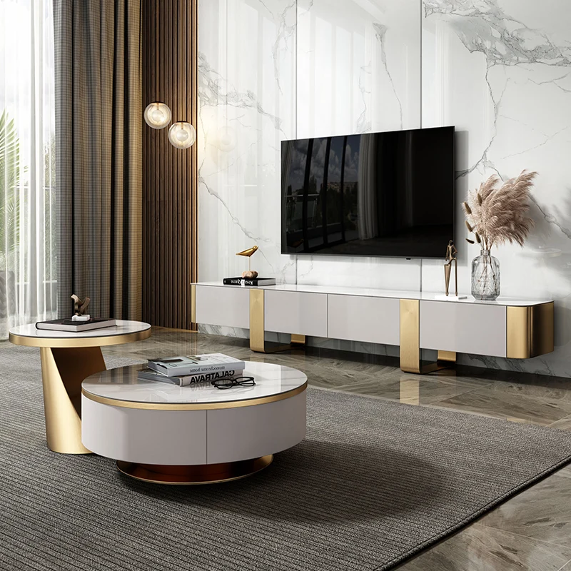Итальянская каменная тарелка ТВ-тумба и чайный столик Высококачественная деревянная ТВ-подставка набор мебели для маленькой квартиры