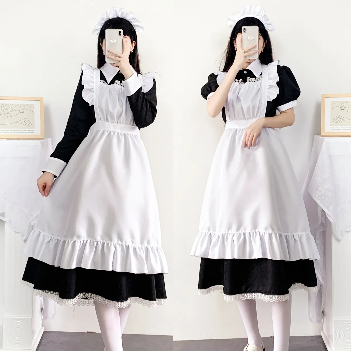 Women Black and White Long Dress Gothic Style Maid Costume Outfit Lolita Dress Cute Girl Japanese Costume Uniform Party Dress