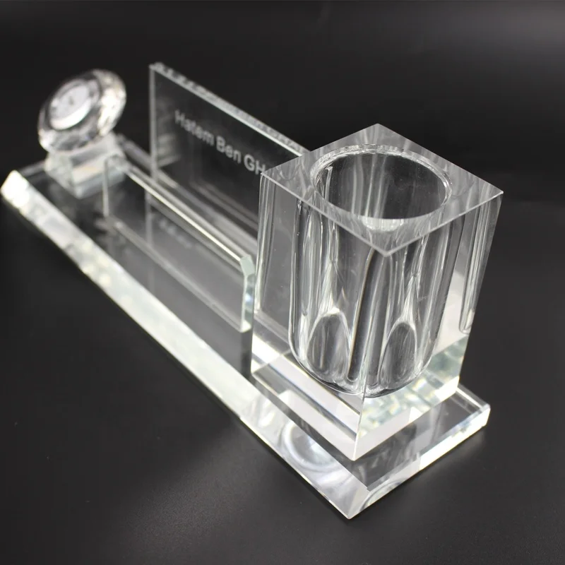 office set promotional three in one crystal penholder and card holder with clock/crystal glass clock business card holder