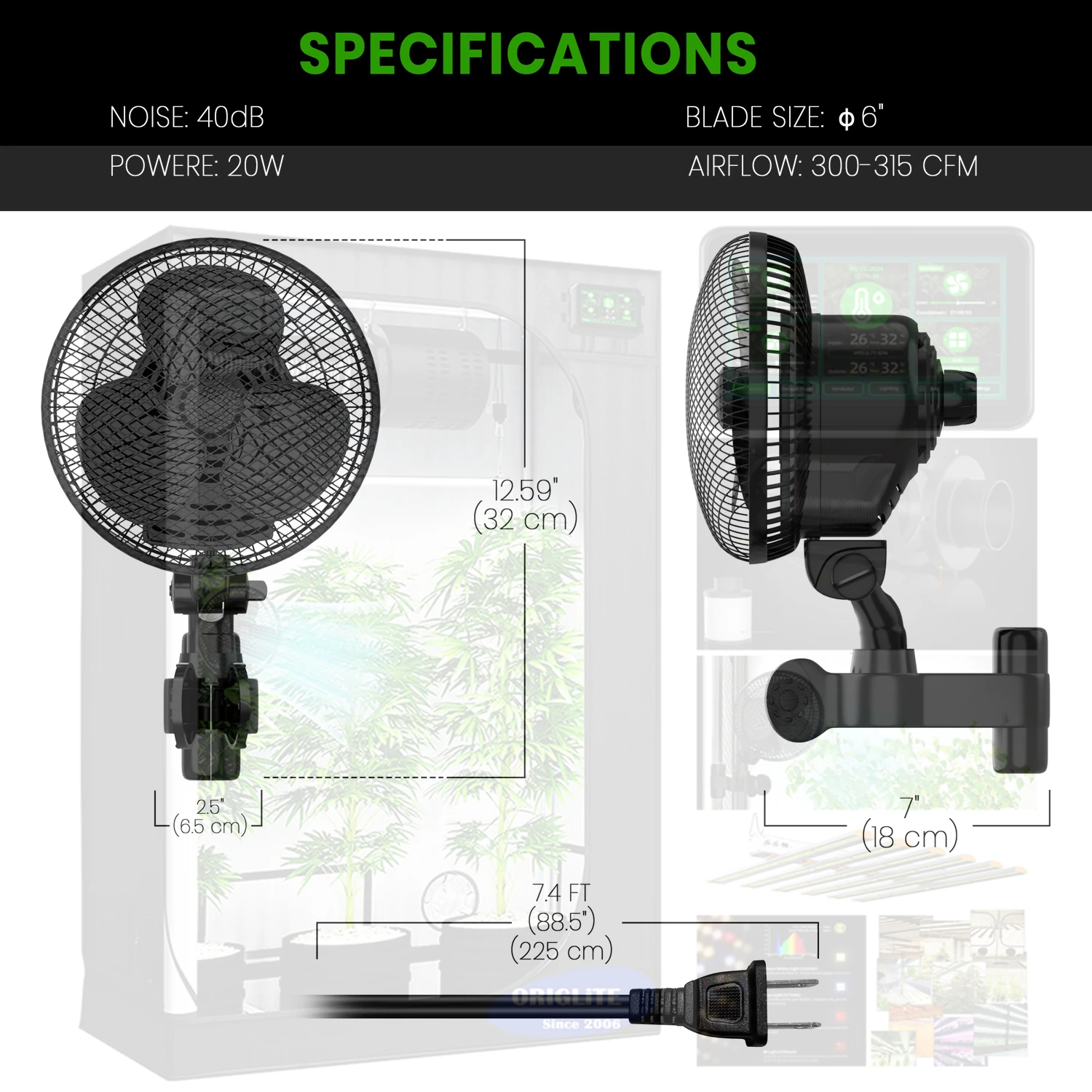 ORIGLiTE Grow Tent Fan Oscillating Fan EC with 4-Speed Airflow Low Noise for Greenhouse Ventilation Systems