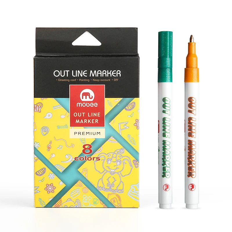 Mobee P-1267A Outline Markers 8pcs/set  Marker Pens Glitter Out Line Permanent Ink Color Flash Pens for Journaling Drawing