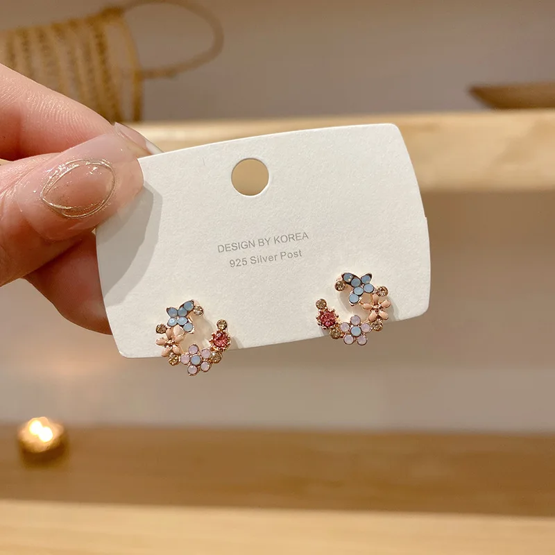 Korean Sweet Colorful Painted Oil Flower Back for Women Crystal Stud Earring Women Romantic Piercing Jewelry