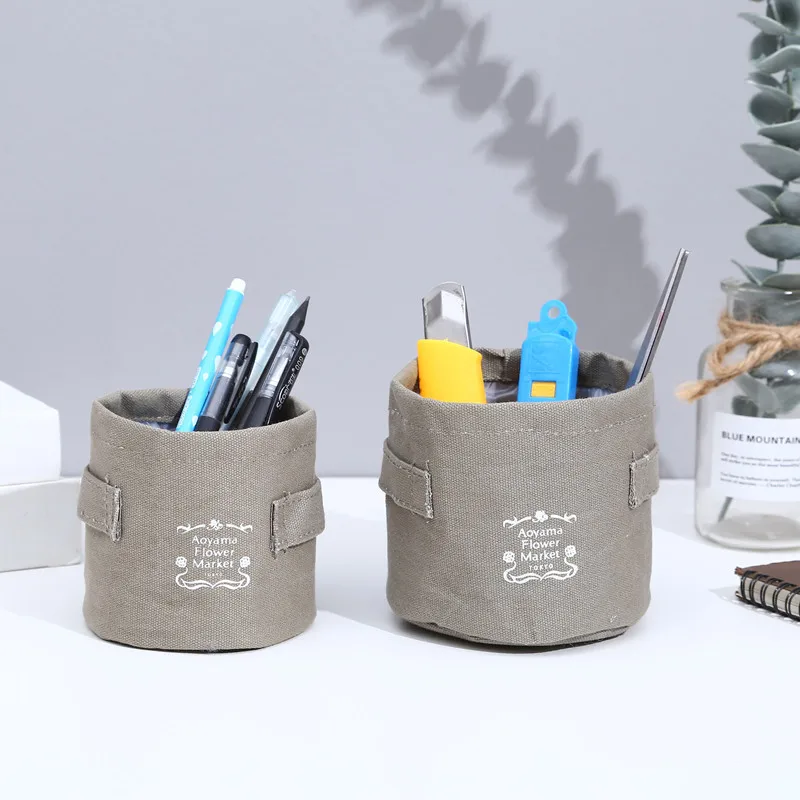 Cotton Linen Fabric Desktop Storage Small Round Barrel Portable Office Pen Holder Multifunction RC026