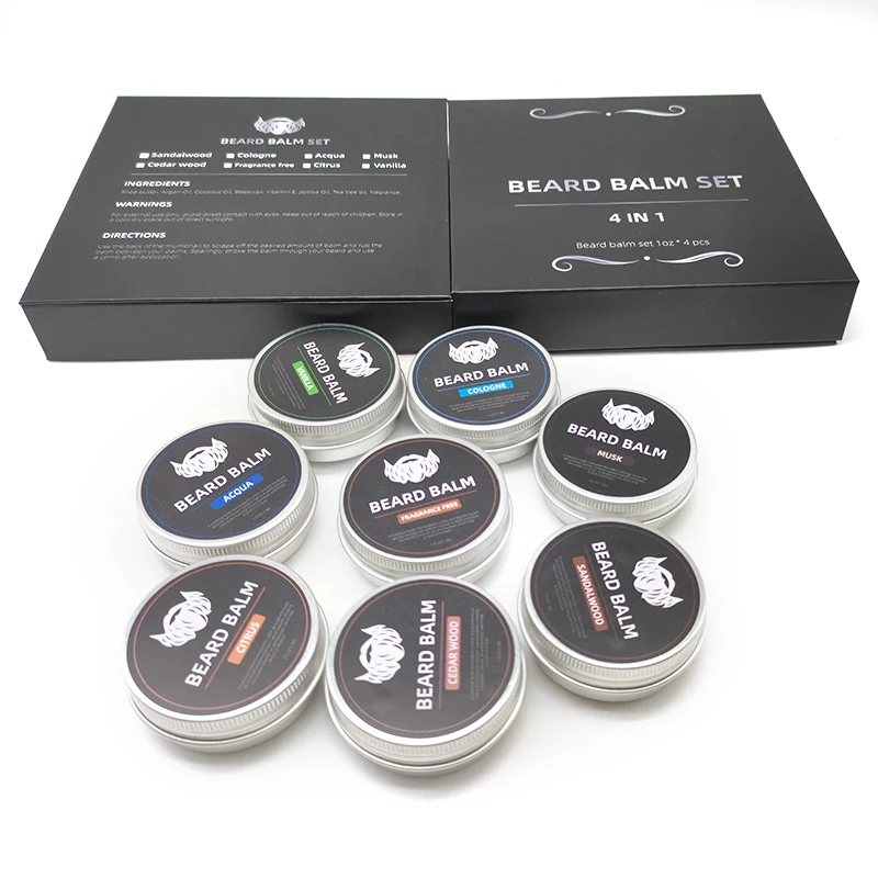 For Mens beard balm kit set sandalwood vanilla scent cream custom packaging organic private label beard balm