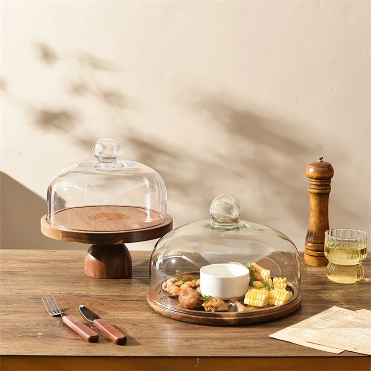 Harmony Bohemian Wooden Cake Pan with Cover Bread Fruit Serving Plate for Restaurant Cafe Bake Shop Display Cake Dome Stand Tray