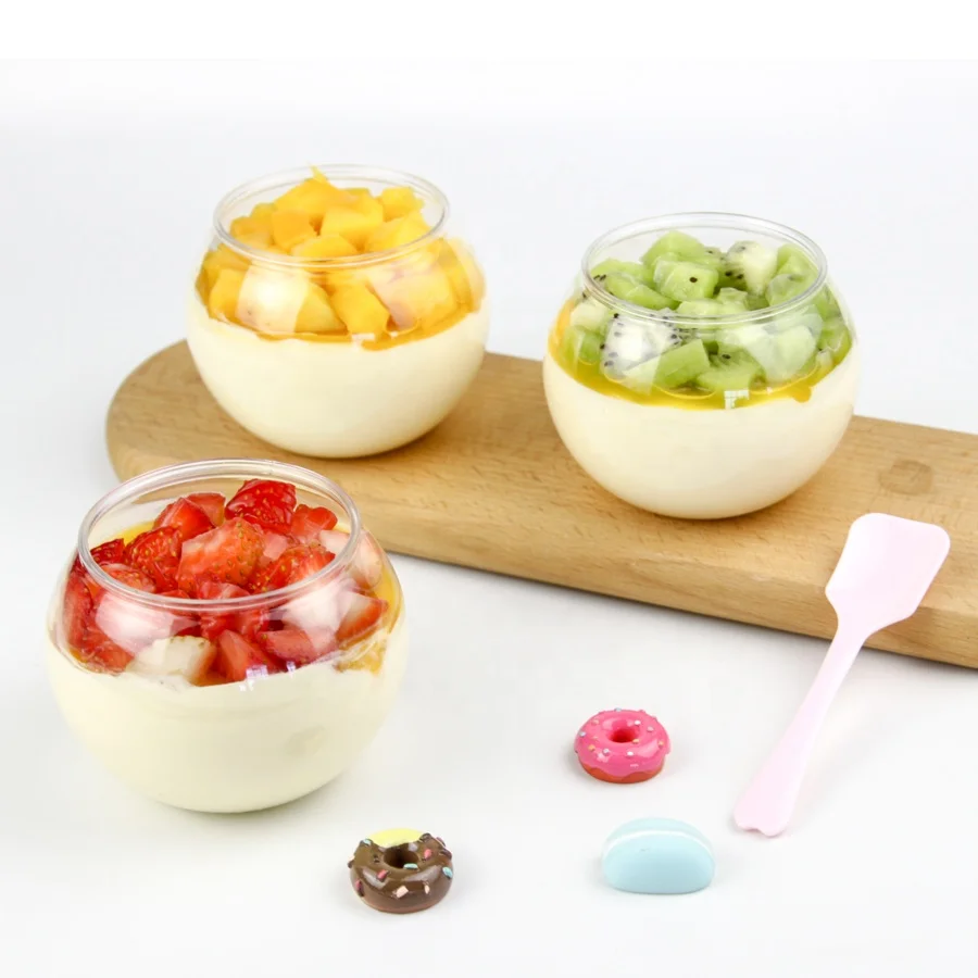 Round ball PET Dessert cups Transparent Disposable cups Custom design plastic pudding cup