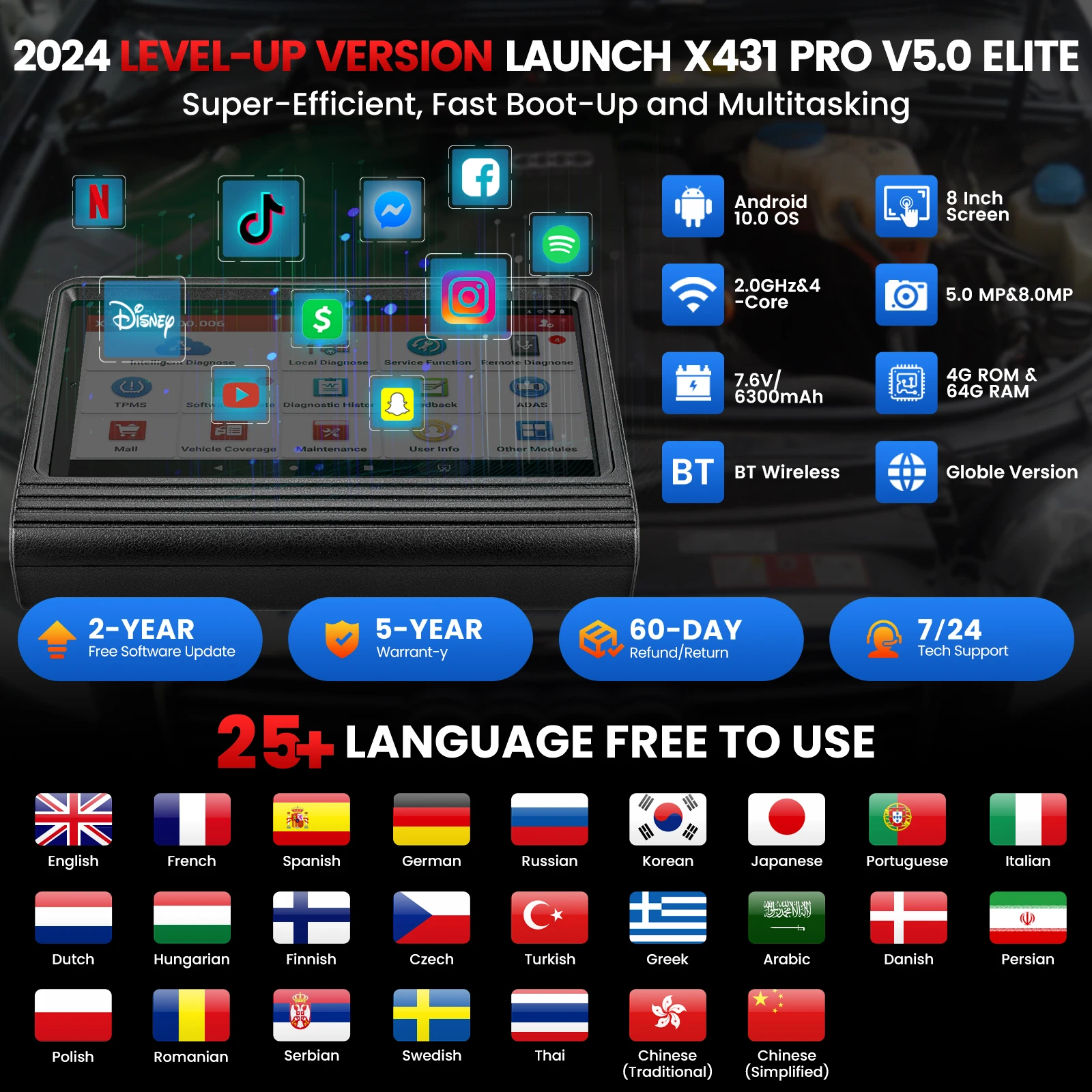 Launch X431 PRO V 5.0 X431 PROS V5.0 Automotive Diagnostic Tool OBD2 Scanner without Non-16 Pin Connector 2 Years Update