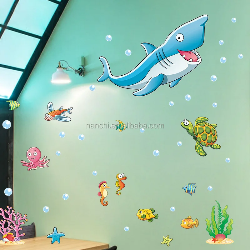 3D  Cartoon Shark wallpapers Underwater World stickers kindergarten kids wall mural kid room wallpaper murals decoration sticker