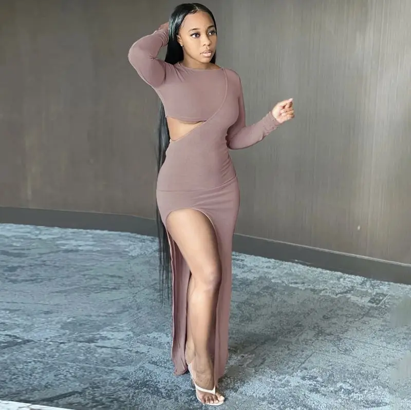 X01136M Sexy hollowed out dress High slit long sleeves dress Solid color casual dress