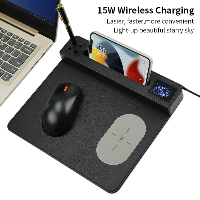 5 in 1 wireless charger mouse pad with LED logo Blue Mouse mat Rechargeable mouse pad with phone holder and pen insert storage