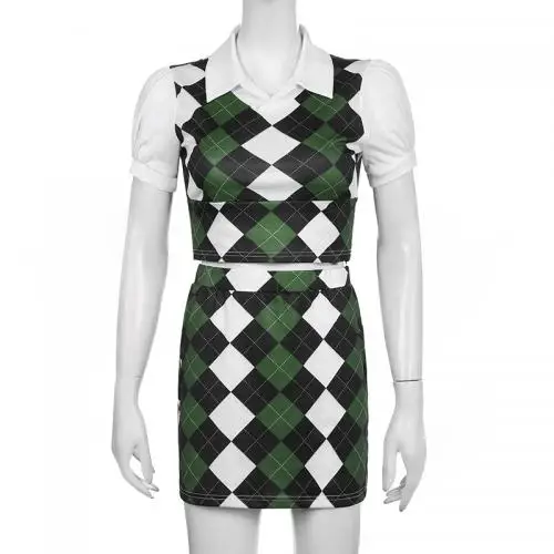 fashionable clothes women Slim Two Piece Dress Set plaid green fake two piece