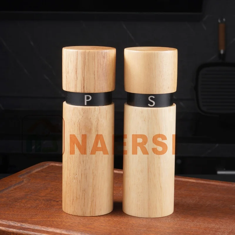 Factory Price cylinder seasoning bottle wood pepper grinders spice mill salt and pepper grinder set for kitchen