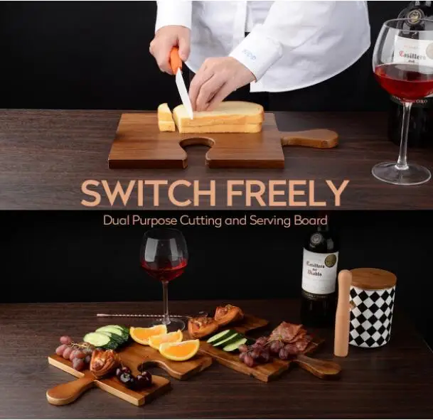 Set of 4 Large Acacia Wood Charcuterie Boards Puzzle Handles Disposable Wooden Cutting Deli Boards Home Kitchen Cheese Serving