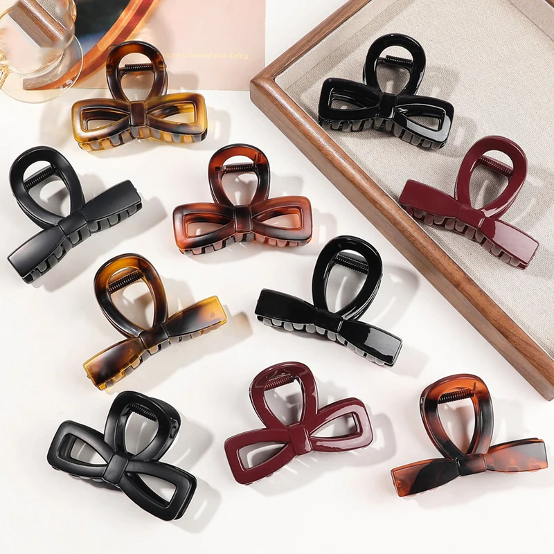 Wholesale 8cm Shiny Bow Hair Claw Clips For Women Fashion Solid Color Matte Bowknot Hair Clamp Amber Bright Hair Accessories
