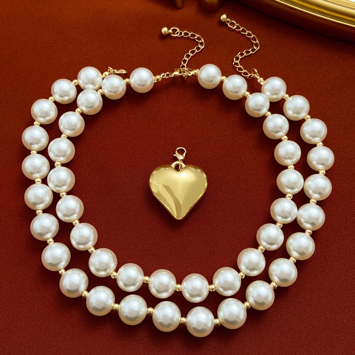 Gold Plated Double Layered Chunky Pearl Statement Necklace Jewelry Round Bead Big Heart Pendant Choker Necklace Sets Women