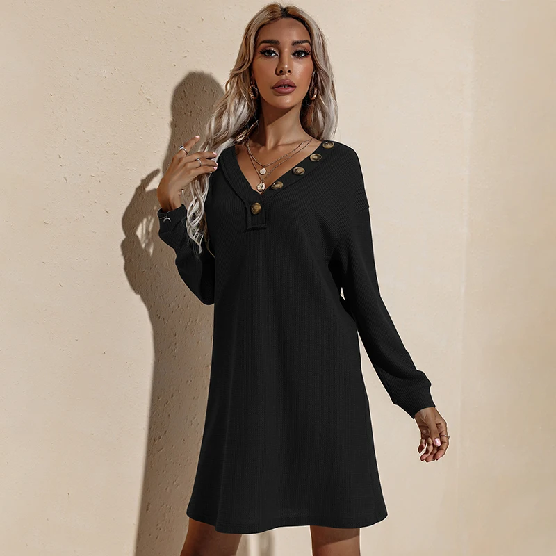 2021 Casual V-Neck Long Sleeve Sexy Fall Winter Street Wear Army Green Knitting Loose Plus Size Shirt Dress for women