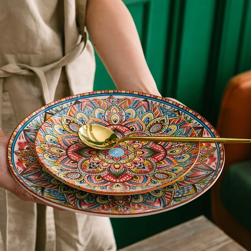 Bohemia Style Ceramic Dishes & Plates Retro Dinnerware Sets Under Glaze Porcelain Wholesale Tableware Bowls and Plates