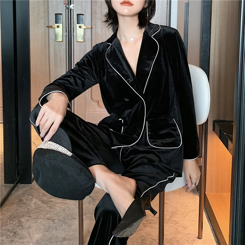 Two Pieces Long Sleeves Winter Velvet Lounge Wear Set Double Breasted Button Sleepwear Warm Solid Pajama Set for Women