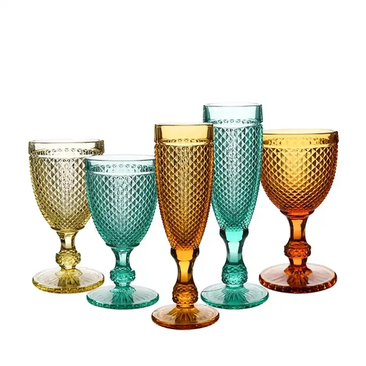 Wholesale Vintage Wine Goblet Glass Wave Point Design Glassware Glass Color Wine Glasses
