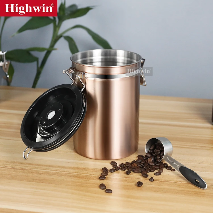HIGHWIN Bronze Painting Airtight Stainless Steel Coffee Canister with Built-in CO2 Valve and Spoon