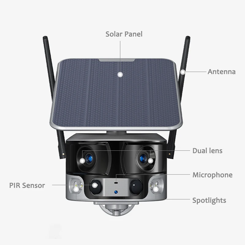 Dual Lens 4G 4K Solar Security Camera 8MP Wireless Outdoor Camera Rechargeable Battery Powered Color Night Vision 2-Way Audio