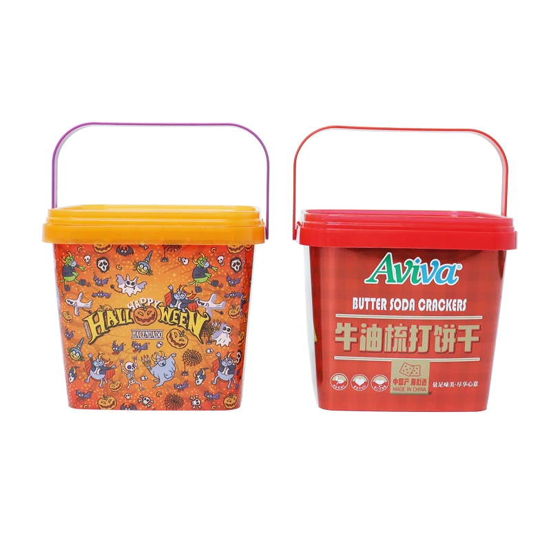 Custom factory Designed Square Food-Grade Plastic Snack Storage Box with Lid Handle Convenient Barrel Pails Drums Food Packaging
