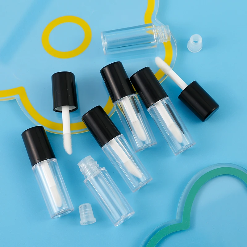 Round matte lip gloss tube transparent clear with black top , empty plastic cosmetic lip gloss tube small custom logo