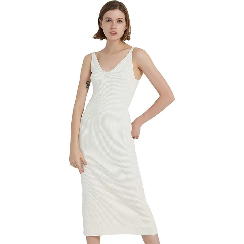 Оптовая продажа с фабрики 2022, облегающее длинное платье-свитер в рубчик без рукавов с v-образным вырезом для лета