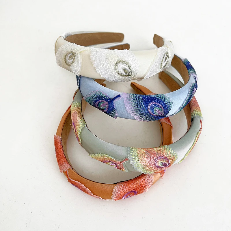 Peacock Feather Embroidery Satin Cloth Hairband Fancy Bohemian Fabric Sponge Headband Colorful Padded Fashion Diademas For Women