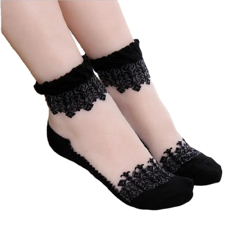 New Women Cute socks Ultrathin Transparent Beautiful Crystal Silk Lace Elastic Ankle Sock Women Girls Summer Short Socks