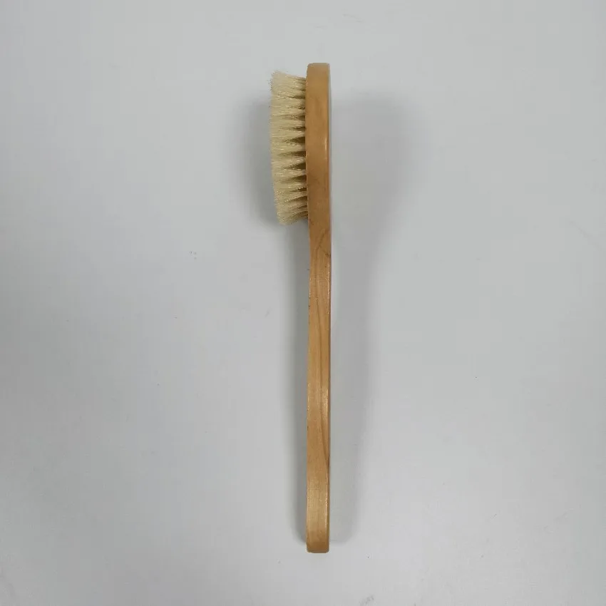 Natural wood pig bristle round head shower body bath brush with middle handle