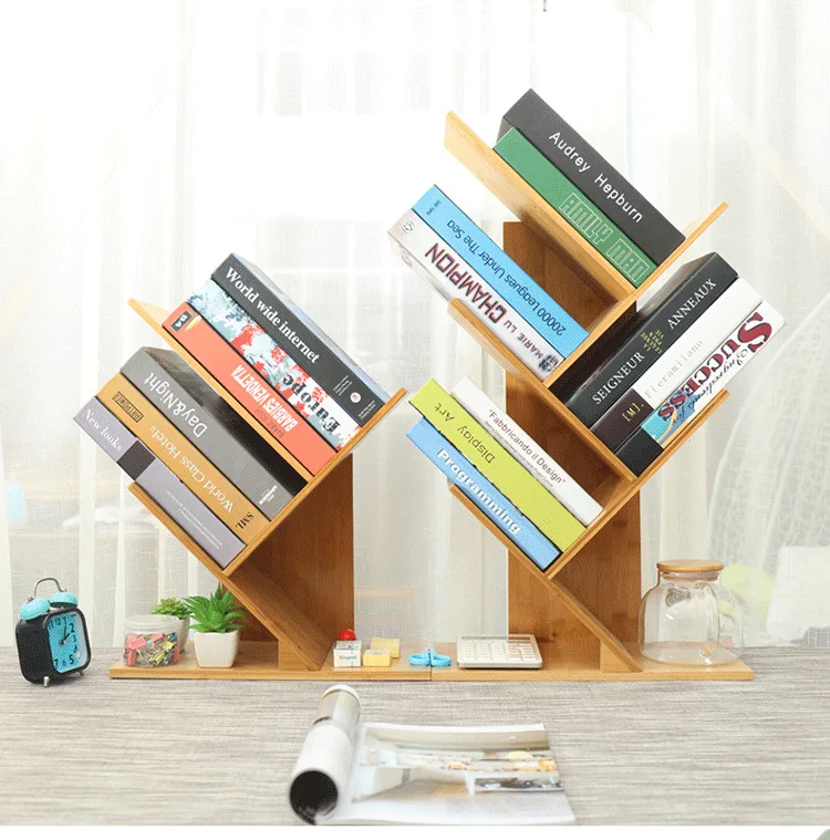 Tree creative bookshelf, bamboo desktop bookshelf with drawer 3 tier independent storage shelf for home, living room, office